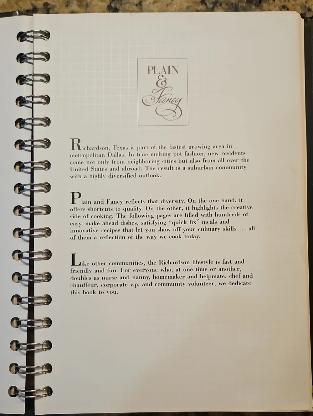 Plain & Fancy Cookbook Junior League Of Richardson, Texas 1984 Spiral 252 Pages